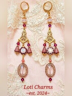 Victorian Opaline Pink W/ Crystal Flowers In 3 Strands Long GP Earrings